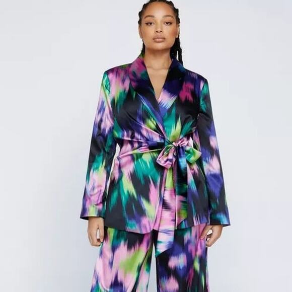 Nasty Gal Satin Printed Cinched Waist Multicolor Long Sleeve Blazer Jacket 20 - Picture 1 of 6